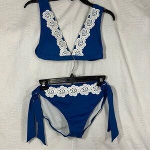 New As Rose Rich Bikini‎ Swimsuit Women Lace Trim 2 Piece Bathing Suits L blue